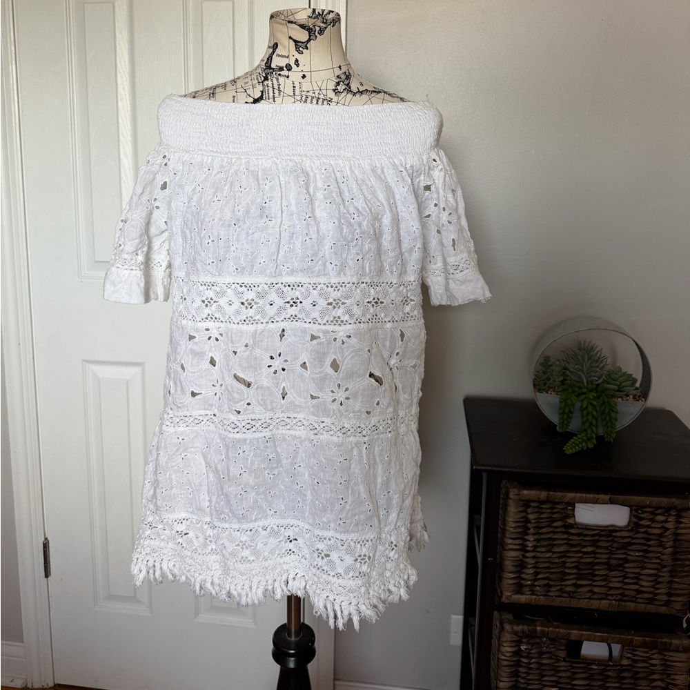 NWOT Palo Borracho 100% Linen Off shoulder Lace Eyelet cami blouse White S/M top